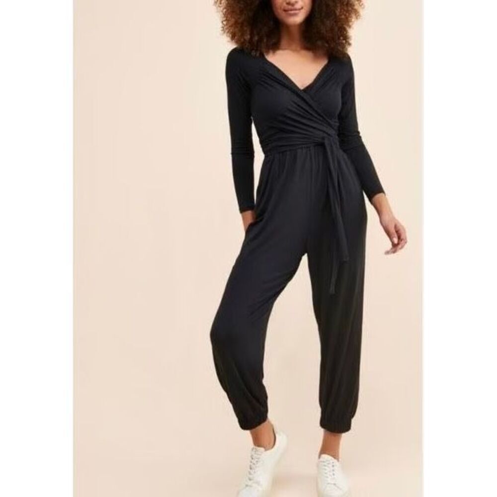 NEW Anthropologie The Daily Practice Robi Wrap Jumpsuit size S Black Athleisure